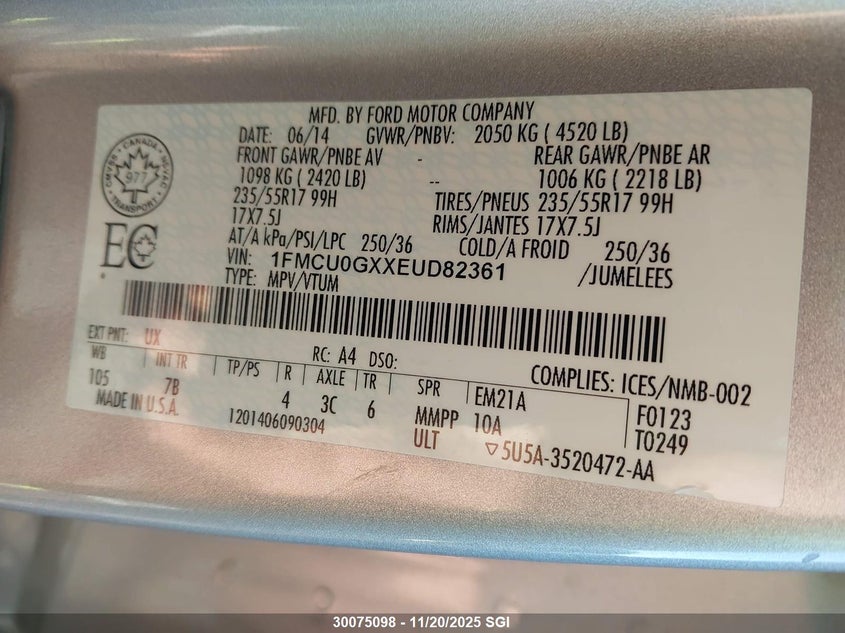 2014 Ford Escape Se VIN: 1FMCU0GXXEUD82361 Lot: 30075098