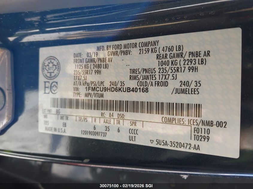 2019 Ford Escape Sel VIN: 1FMCU9HD6KUB40168 Lot: 30075100