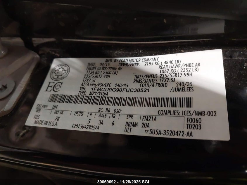 2015 Ford Escape Se VIN: 1FMCU9G90FUC38521 Lot: 30069692