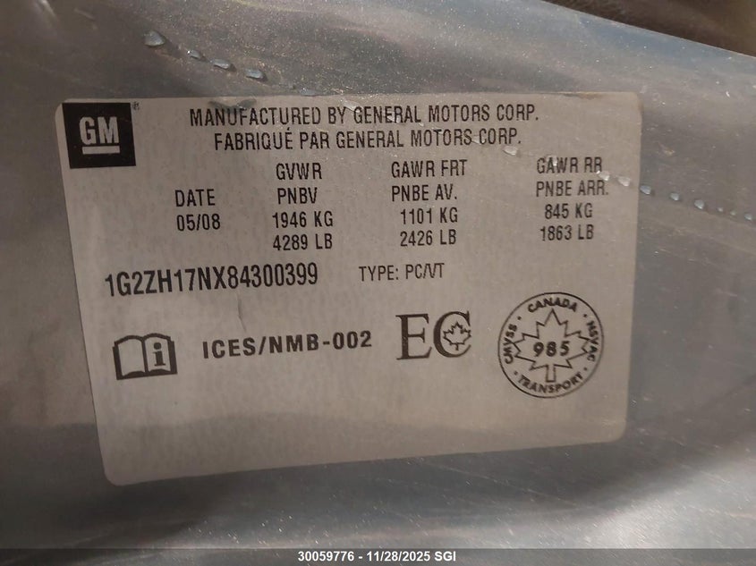 2008 Pontiac G6 Gt VIN: 1G2ZH17NX84300399 Lot: 30059776