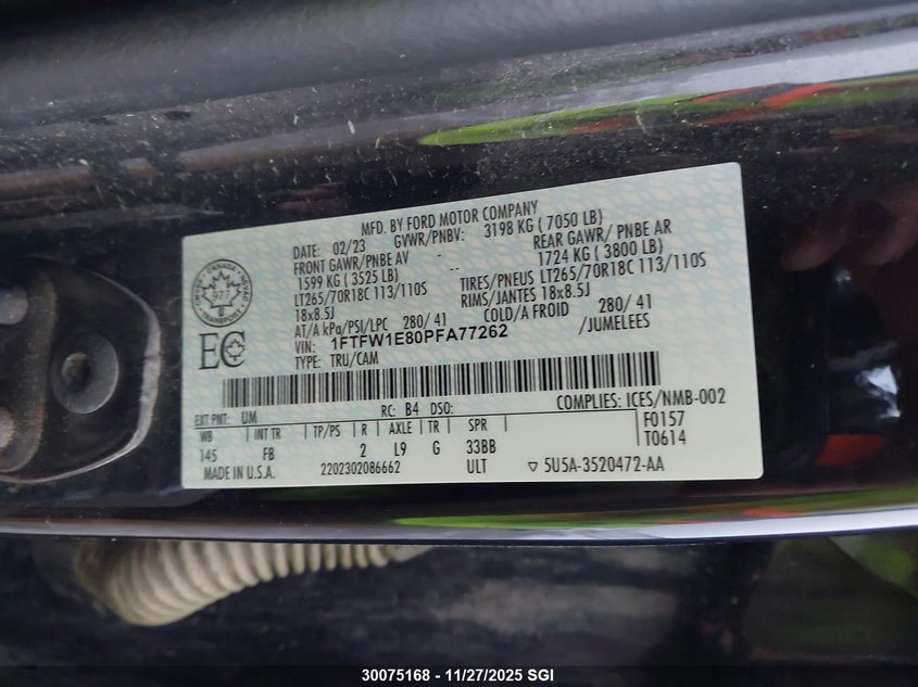 2023 Ford F150 Supercrew VIN: 1FTFW1E80PFA77262 Lot: 30075168