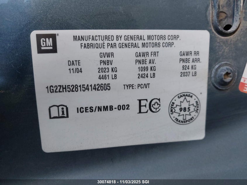 2005 Pontiac G6 Gt VIN: 1G2ZH528154142605 Lot: 30074818