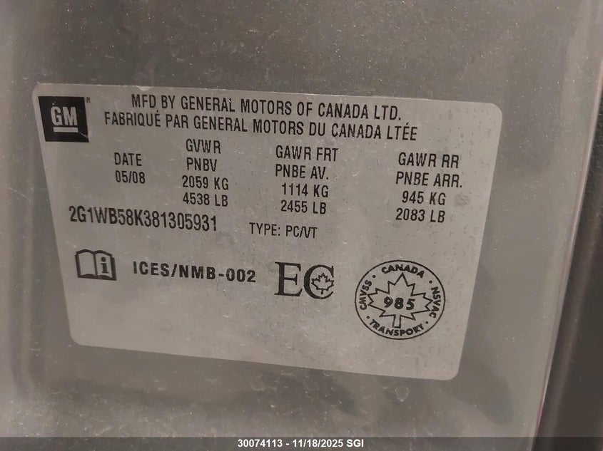 2008 Chevrolet Impala Ls VIN: 2G1WB58K381305931 Lot: 30074113