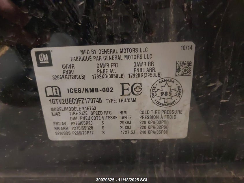 2015 GMC Sierra K1500 Sle VIN: 1GTV2UEC0FZ170745 Lot: 30070825