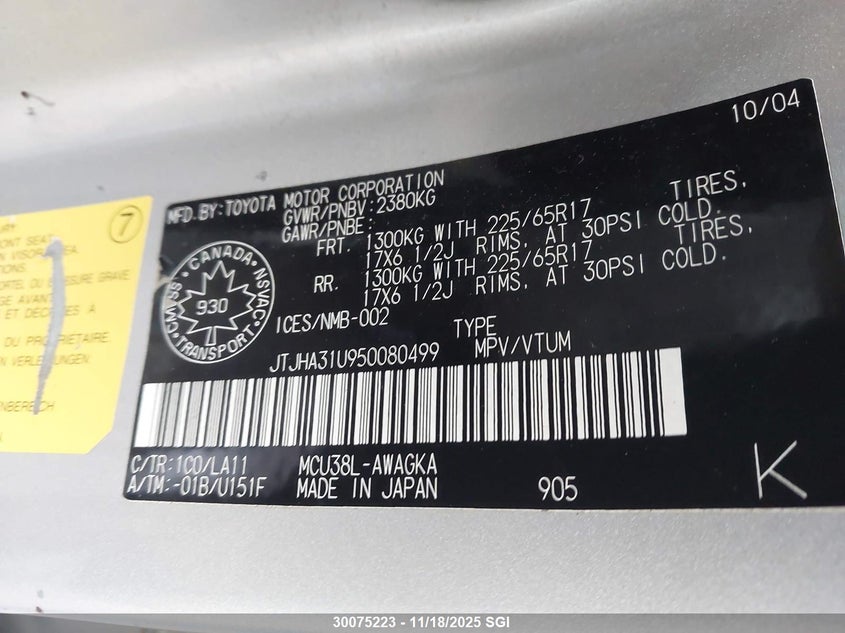 2005 Lexus Rx 330 VIN: JTJHA31U950080499 Lot: 30075223