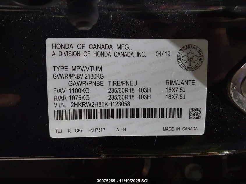 2019 Honda Cr-V Exl VIN: 2HKRW2H86KH123058 Lot: 30075269