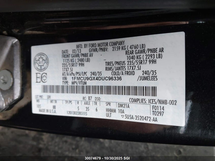 2013 Ford Escape Se VIN: 1FMCU9GX4DUC96336 Lot: 30074679