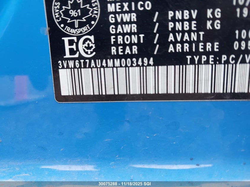 2021 Volkswagen Gti S/Se/Autobahn VIN: 3VW6T7AU4MM003494 Lot: 30075288