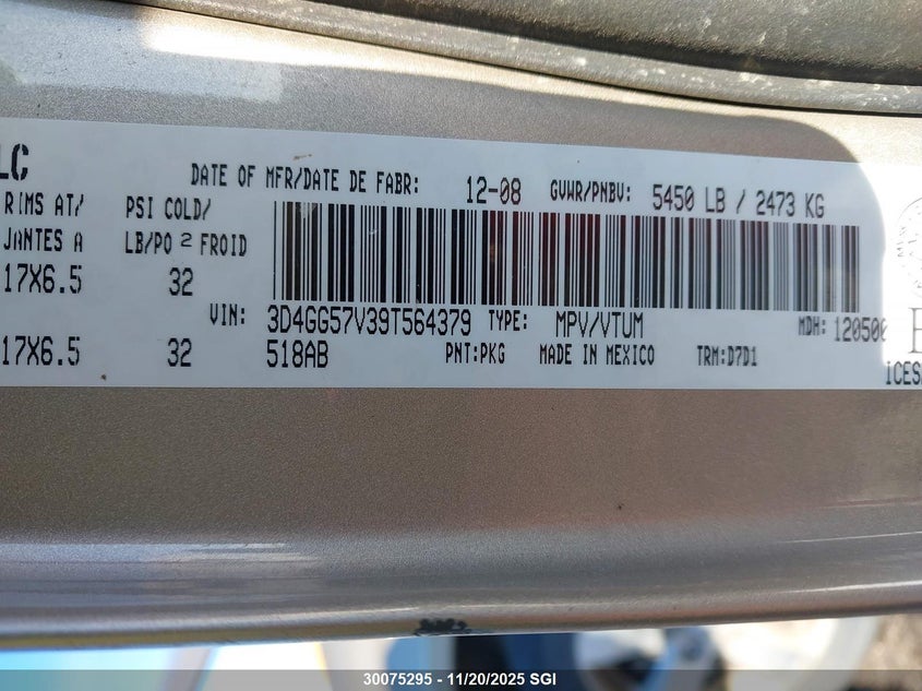 2009 Dodge Journey Sxt VIN: 3D4GG57V39T564379 Lot: 30075295