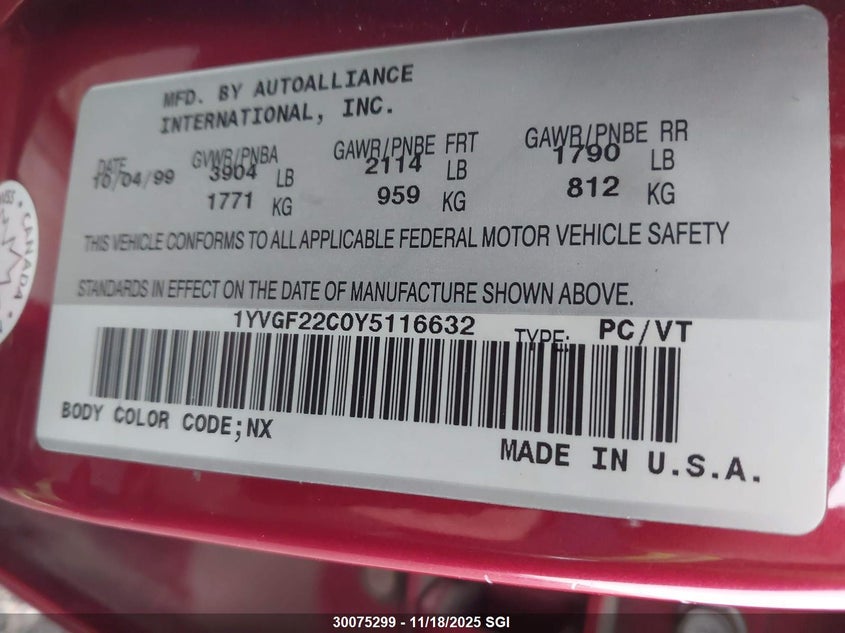 2000 Mazda 626 Es/Lx VIN: 1YVGF22C0Y5116632 Lot: 30075299