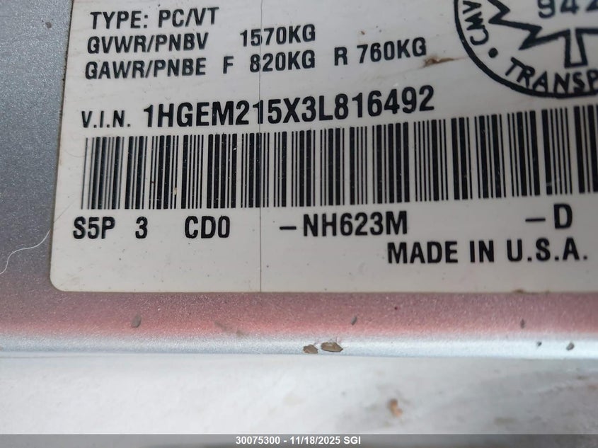 2003 Honda Civic Lx VIN: 1HGEM215X3L816492 Lot: 30075300