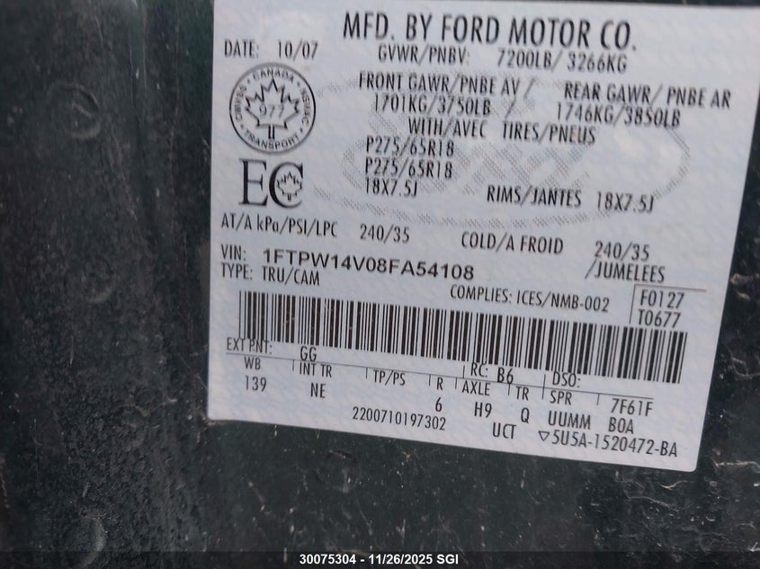 2008 Ford F150 Supercrew VIN: 1FTPW14V08FA54108 Lot: 30075304