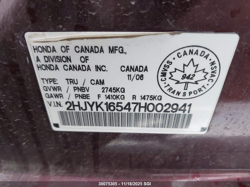 2007 Honda Ridgeline Rtl VIN: 2HJYK16547H002941 Lot: 30075305
