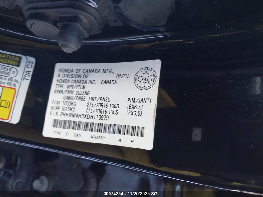 2013 Honda Cr-V VIN: 2HKRM4H3XDH113979 Lot: 30074234