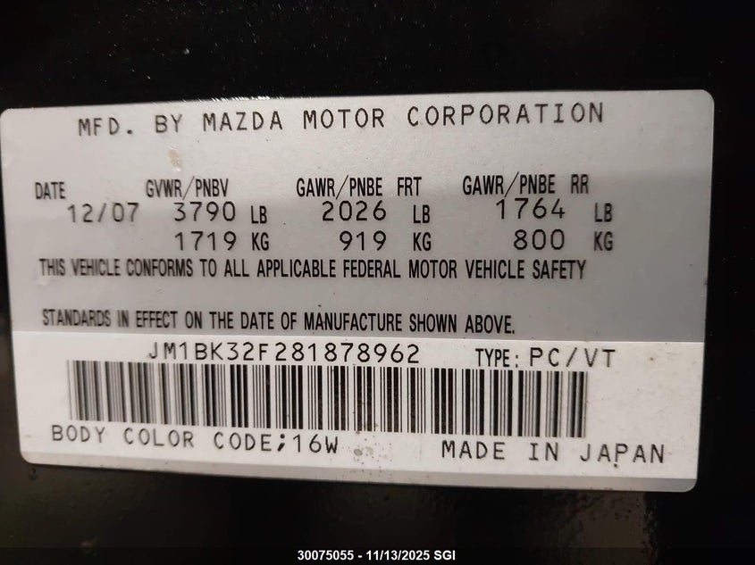 JM1BK32F281878962 2008 MAZDA 3 photo no. 9