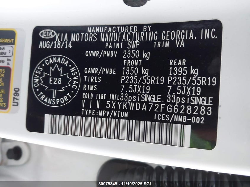5XYKWDA72FG628283 2015 KIA SORENTO photo no. 9