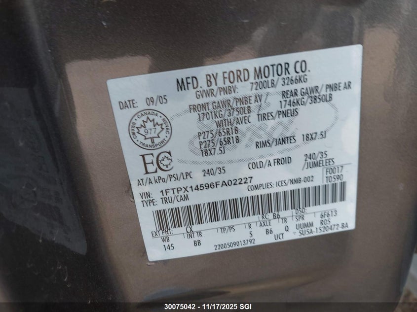 1FTPX14596FA02227 2006 FORD F-150 photo no. 9