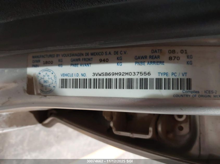 2002 Volkswagen Jetta Gls VIN: 3VWSB69M92M037556 Lot: 30074662