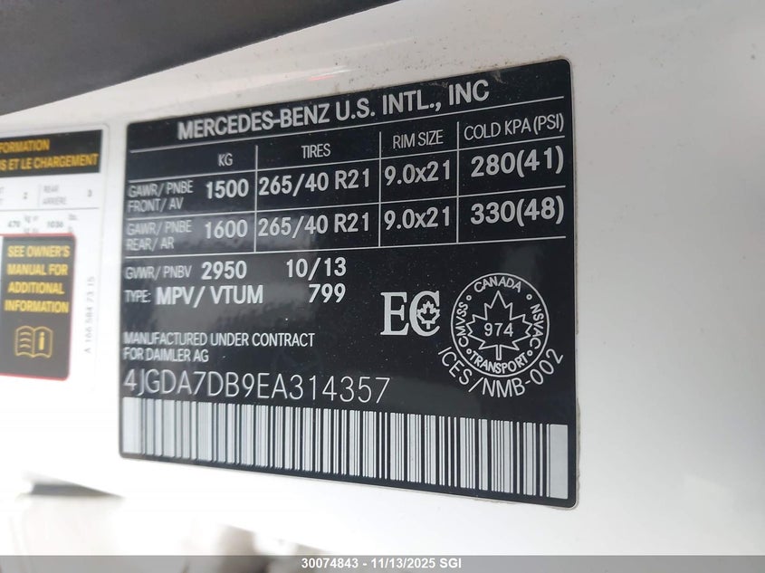 2014 Mercedes-Benz Ml 550 4Matic VIN: 4JGDA7DB9EA314357 Lot: 30074843