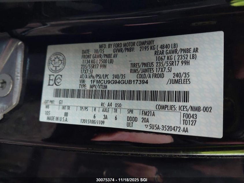 2016 Ford Escape Se VIN: 1FMCU9G94GUB17394 Lot: 30075374