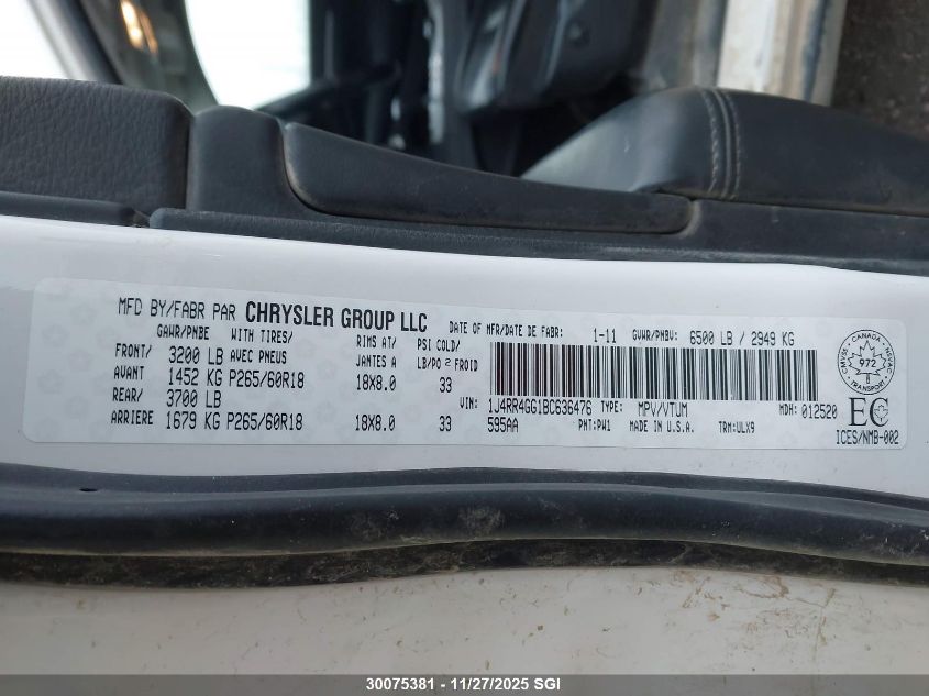 2011 Jeep Grand Cherokee Laredo VIN: 1J4RR4GG1BC636476 Lot: 30075381