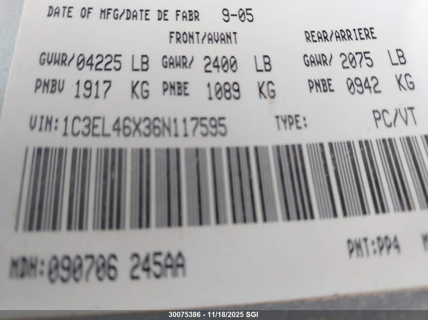 2006 Chrysler Sebring VIN: 1C3EL46X36N117595 Lot: 30075386