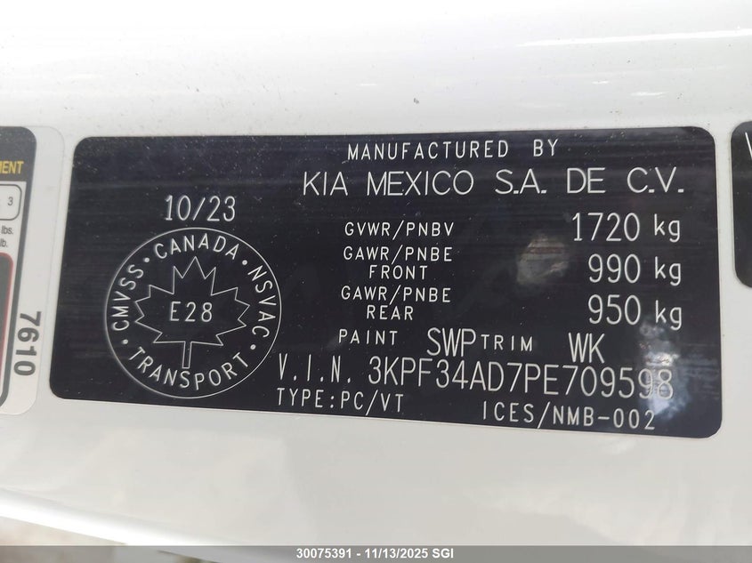 2023 Kia Forte Ex/Ex+/Ex Premium VIN: 3KPF34AD7PE709598 Lot: 30075391