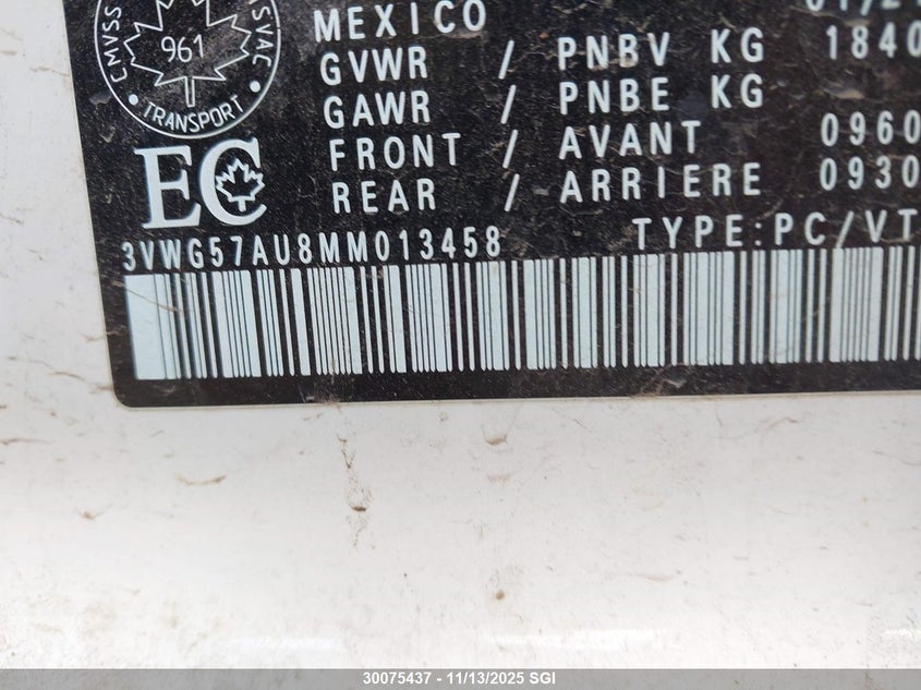 2021 Volkswagen Golf VIN: 3VWG57AU8MM013458 Lot: 30075437