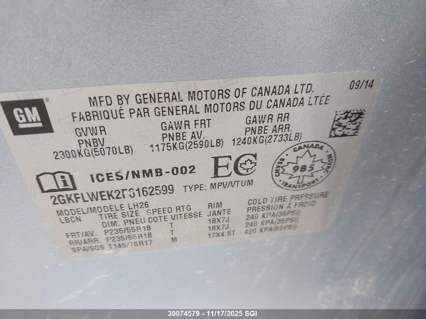 2015 GMC Terrain Sle VIN: 2GKFLWEK2F6162599 Lot: 30074579