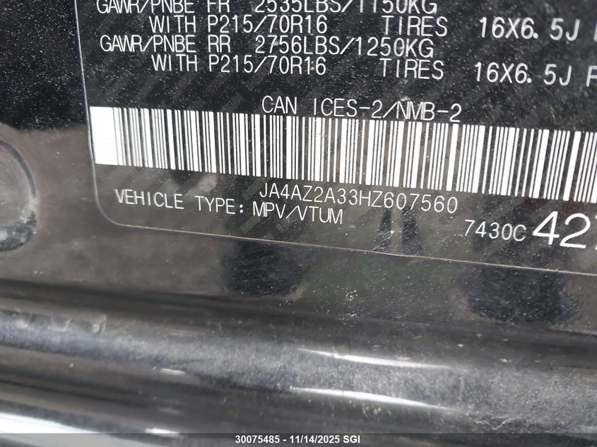 2017 Mitsubishi Outlander Es VIN: JA4AZ2A33HZ607560 Lot: 30075485