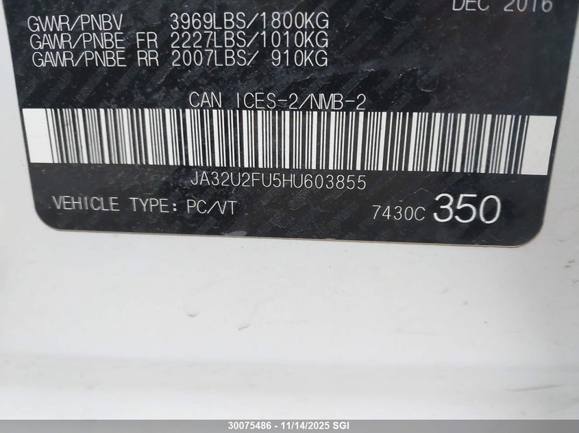 2017 Mitsubishi Lancer Es VIN: JA32U2FU5HU603855 Lot: 30075486