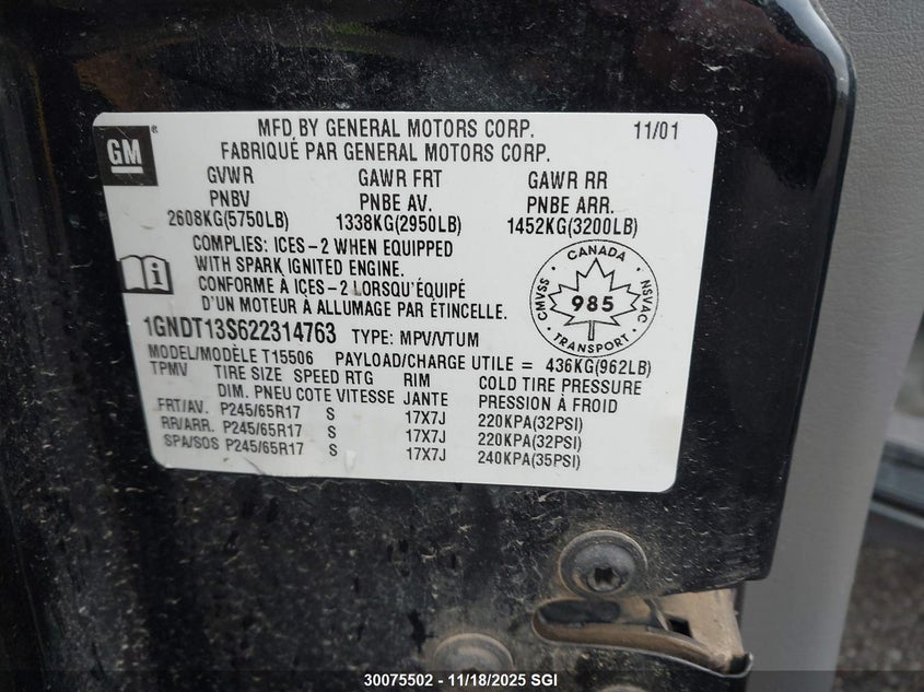 2002 Chevrolet Trailblazer VIN: 1GNDT13S622314763 Lot: 30075502