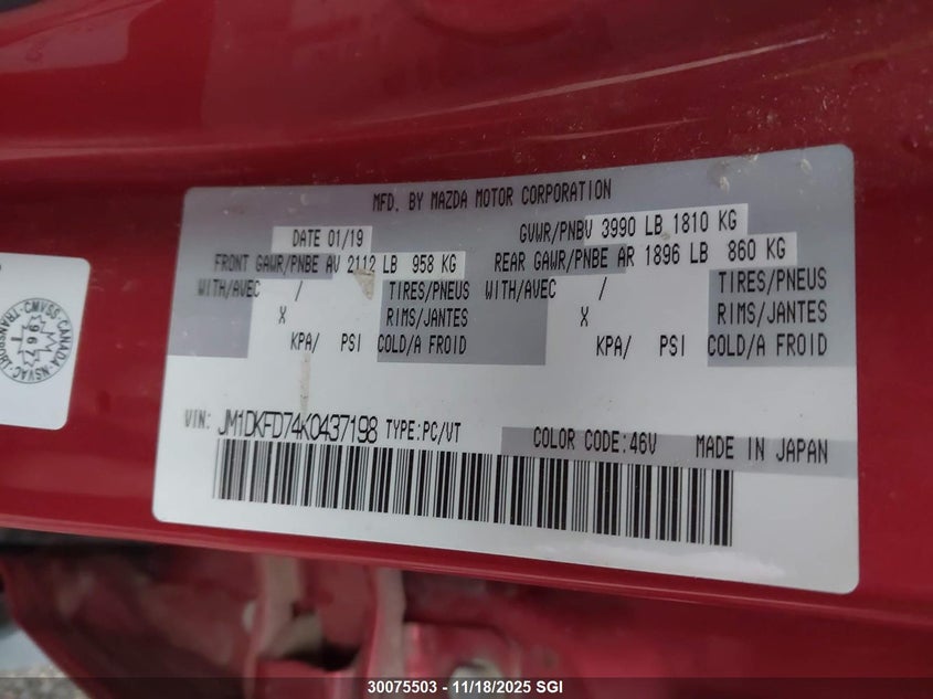 2019 Mazda Cx-3 Grand Touring VIN: JM1DKFD74K0437198 Lot: 30075503