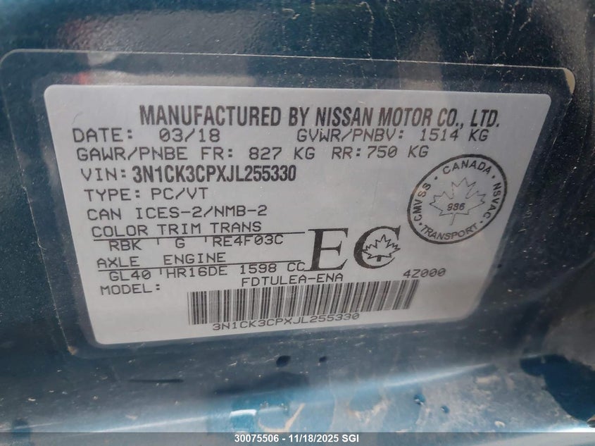 2018 Nissan Micra VIN: 3N1CK3CPXJL255330 Lot: 30075506