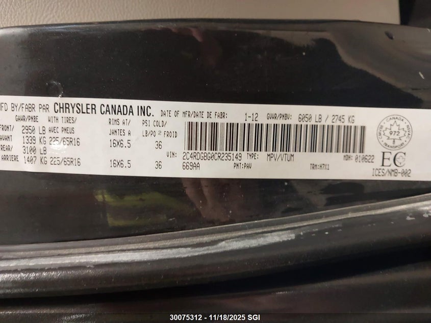 2012 Dodge Grand Caravan Se VIN: 2C4RDGBG0CR235149 Lot: 30075312