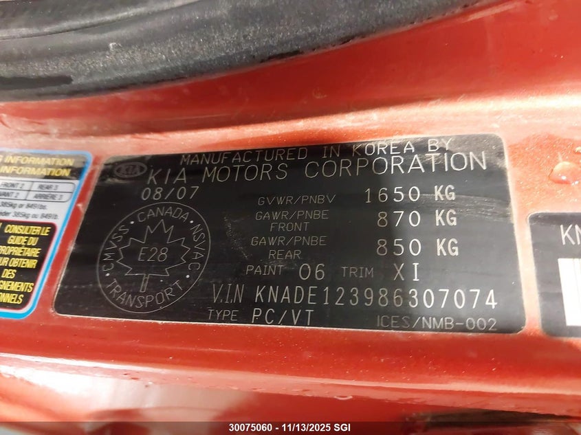 2008 Kia Rio Lx/Sx VIN: KNADE123986307074 Lot: 30075060
