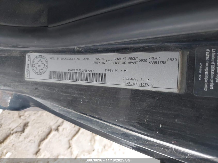 2001 Volkswagen Golf Gl Tdi VIN: WVWBP21J31W057217 Lot: 30070096