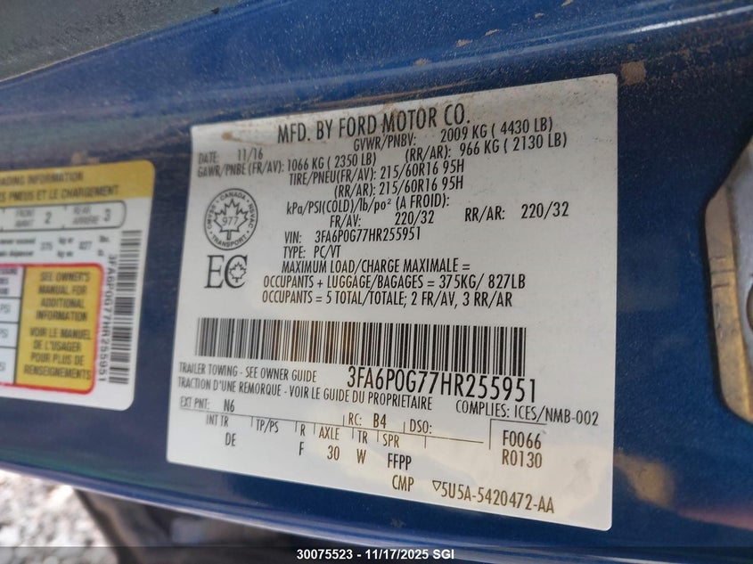 2017 Ford Fusion S VIN: 3FA6P0G77HR255951 Lot: 30075523