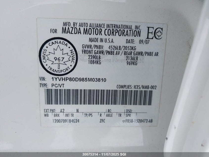 2008 Mazda 6 S VIN: 1YVHP80D985M03810 Lot: 30075314