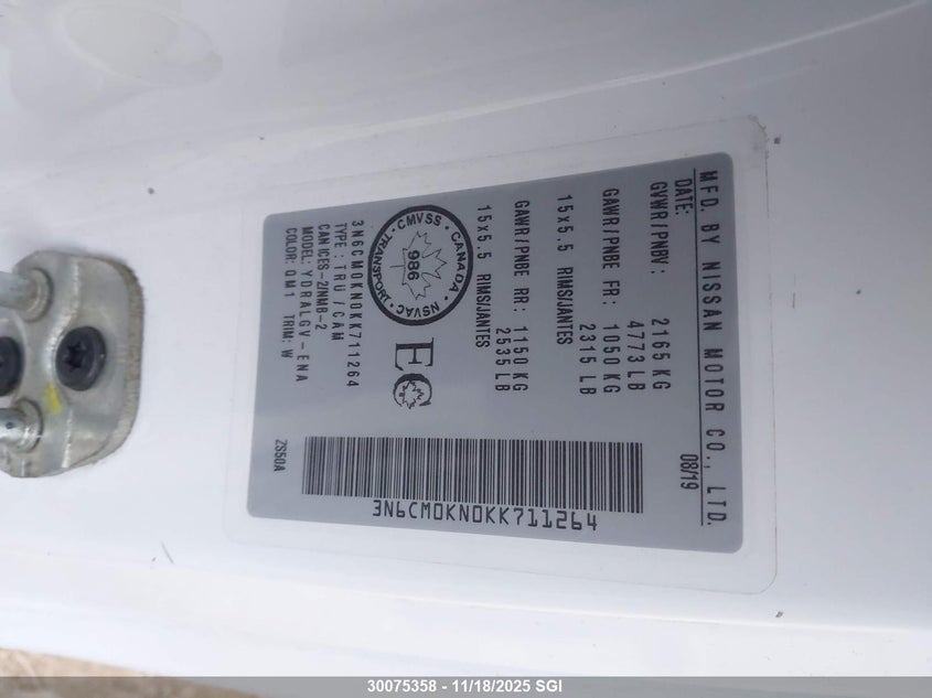 2019 Nissan Nv200 2.5S/2.5Sv VIN: 3N6CM0KN0KK711264 Lot: 30075358