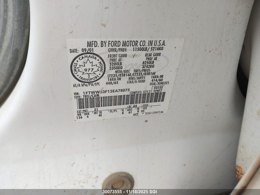 2002 Ford F350 Super Duty VIN: 1FTWW33F12EA78075 Lot: 30073555