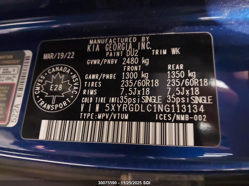 2022 Kia Sorento Lx VIN: 5XYRGDLC1NG113134 Lot: 30075590