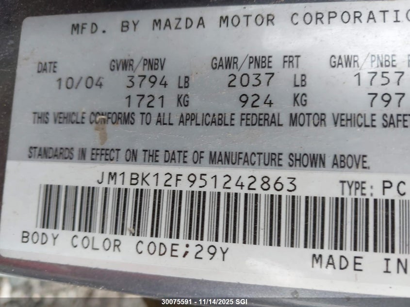 2005 Mazda 3 I VIN: JM1BK12F951242863 Lot: 30075591