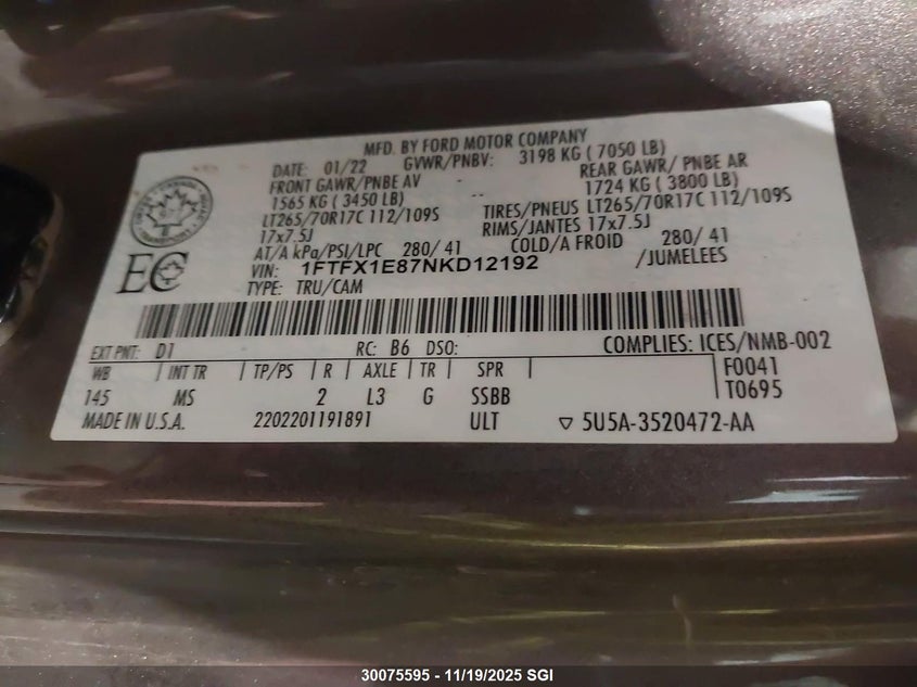 2022 Ford F150 Super Cab VIN: 1FTFX1E87NKD12192 Lot: 30075595