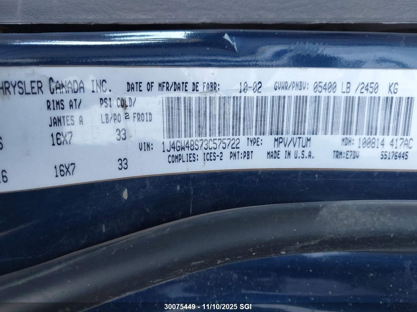 2003 Jeep Grand Cherokee Laredo VIN: 1J4GW48S73C575722 Lot: 30075449