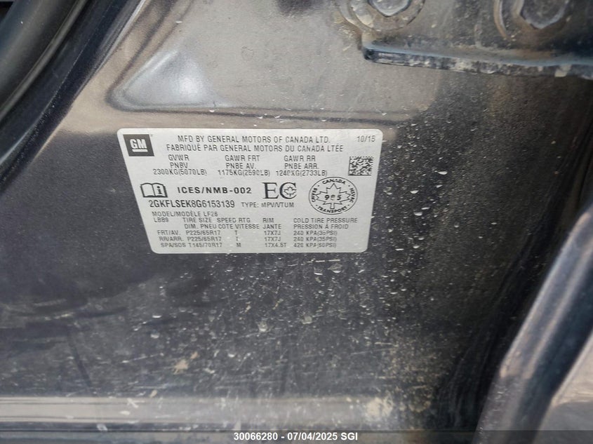 2016 GMC Terrain Sle VIN: 2GKFLSEK8G6153139 Lot: 30066280