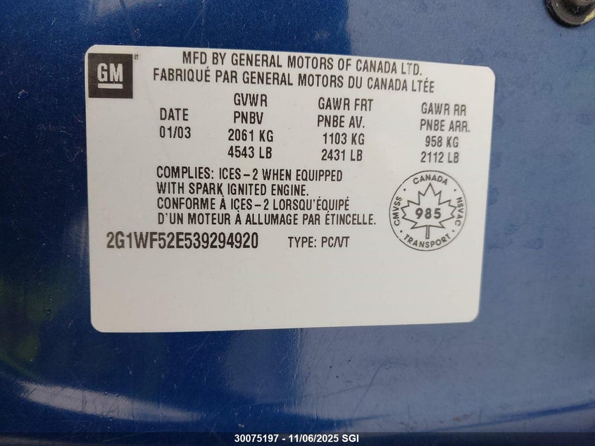 2003 Chevrolet Impala VIN: 2G1WF52E539294920 Lot: 30075197