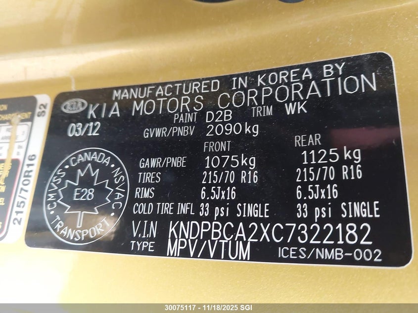 2012 Kia Sportage Lx VIN: KNDPBCA2XC7322182 Lot: 30075117