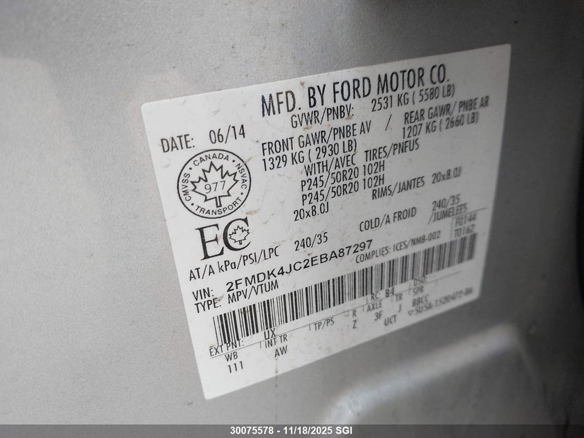 2014 Ford Edge Sel VIN: 2FMDK4JC2EBA87297 Lot: 30075578