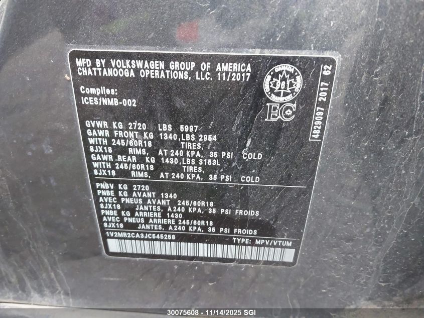 2018 Volkswagen Atlas Sel VIN: 1V2MR2CA3JC545258 Lot: 30075608
